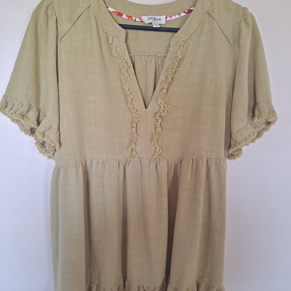 Umgee Olive Fringe-Trim Short Sleeve Peasant Tunic